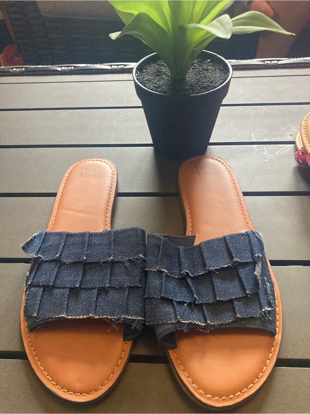 Women's Navy Ruffle Denim Slide Sandals with Tan Footbed